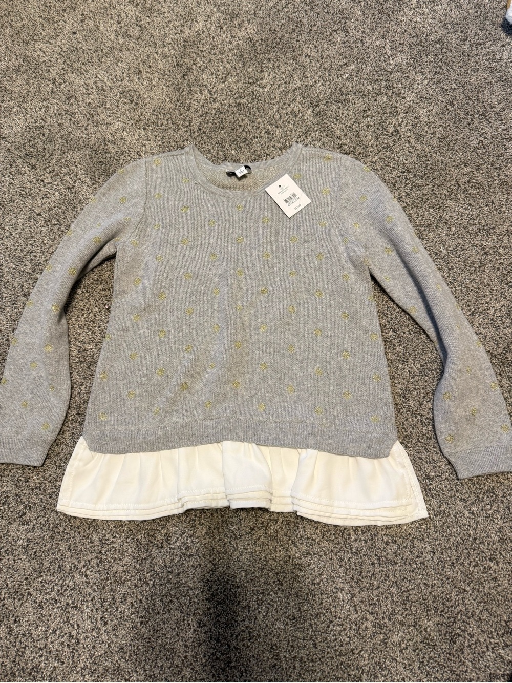 crown & ivy Gray Sweater Top with Cream Ruffle Hem